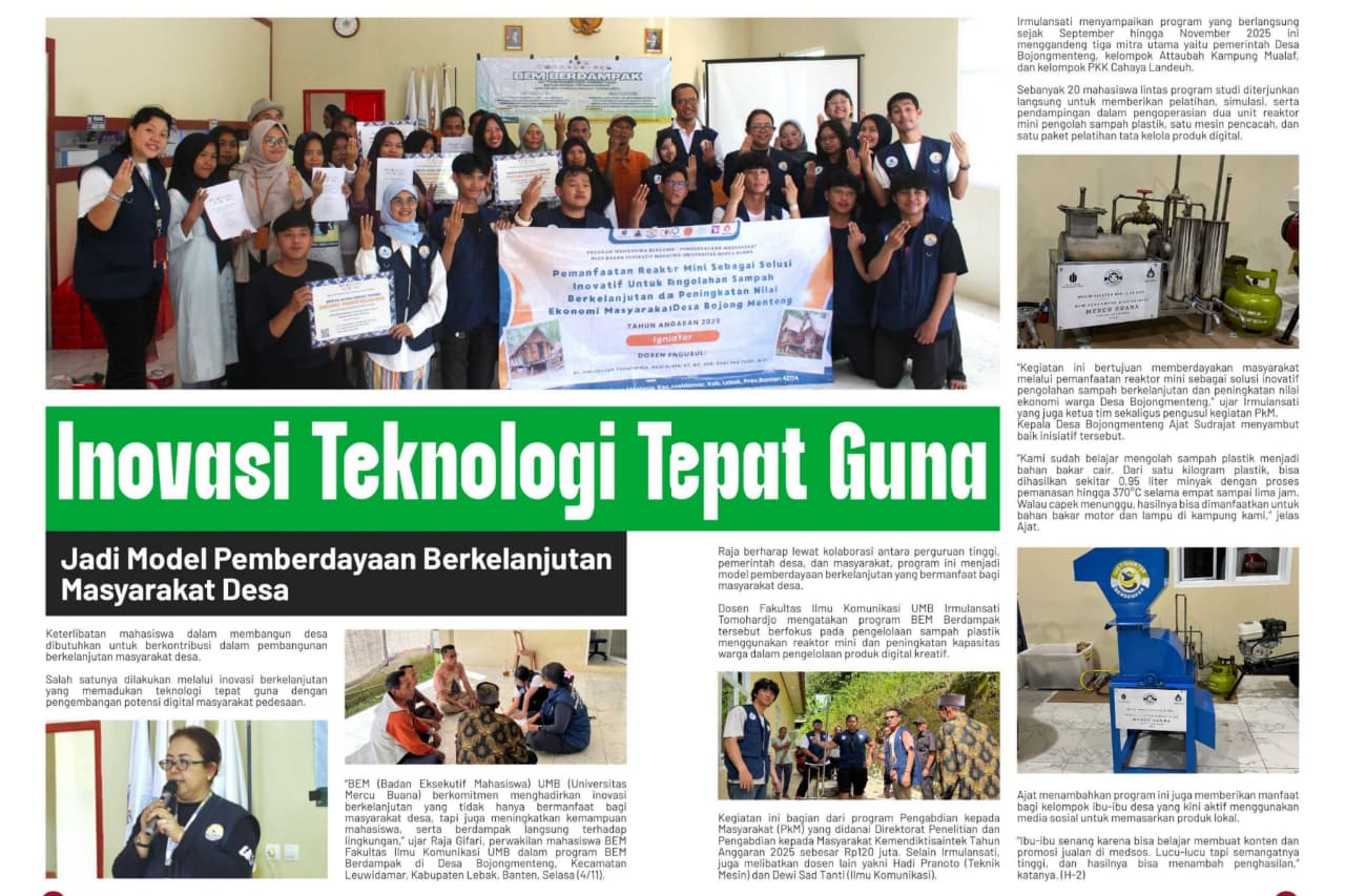Inovasi Teknologi Tepat Guna dari Universitas Mercubuana jadi Model Pemberdayaan Keberlanjutan Masyarakat Desa Bojongmenteng